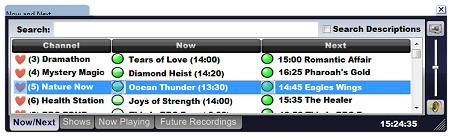 Imaging PVR showing the Now and Next bar  with search box. Favourite channels are at the top of the list.